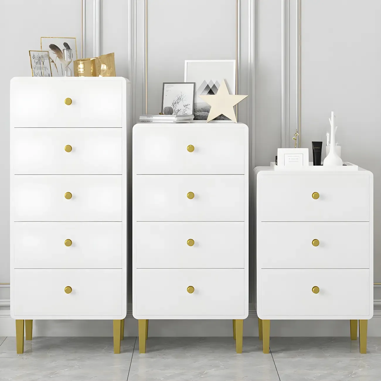 Glam White Narrow Gold Legs Bachelor Chest