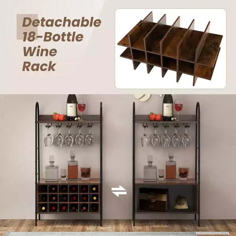 Costway Industrial Rack Freestanding Bottle Holder with Stemware Holder & Open Shelves
