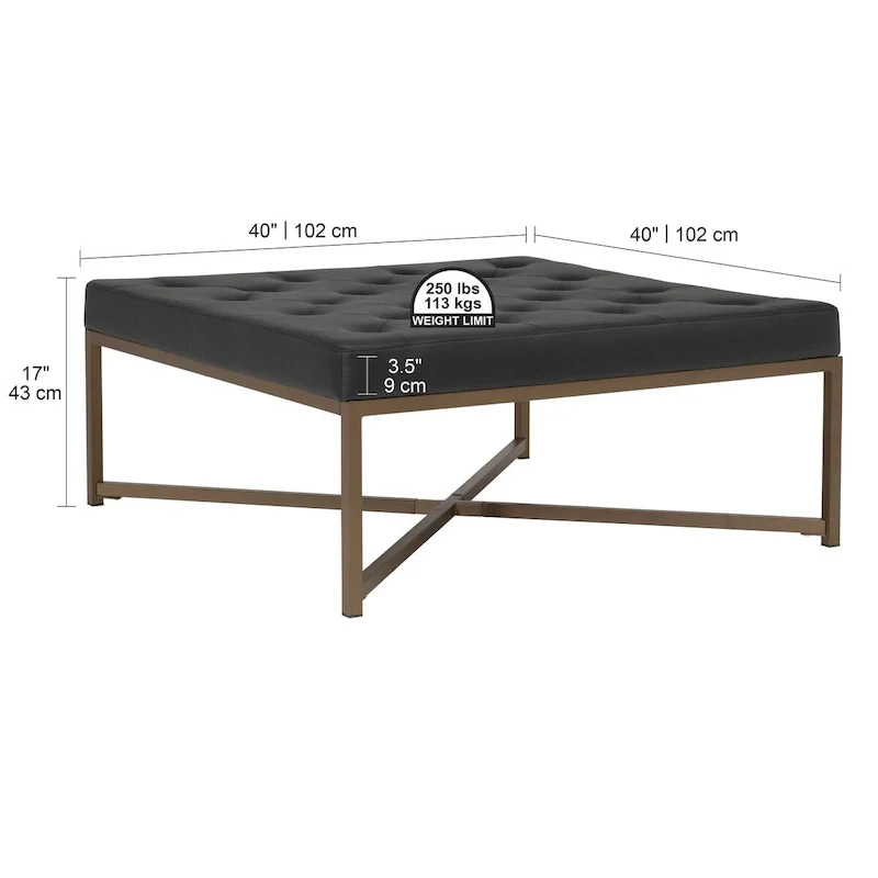 Metal and Tufted Leather Large Cocktail Ottoman