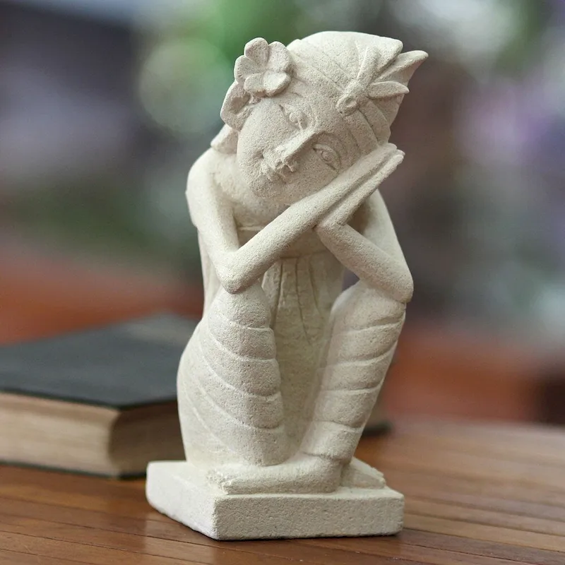 Handmade Sandstone 'A Boy's Daydream' Sculpture (Indonesia)