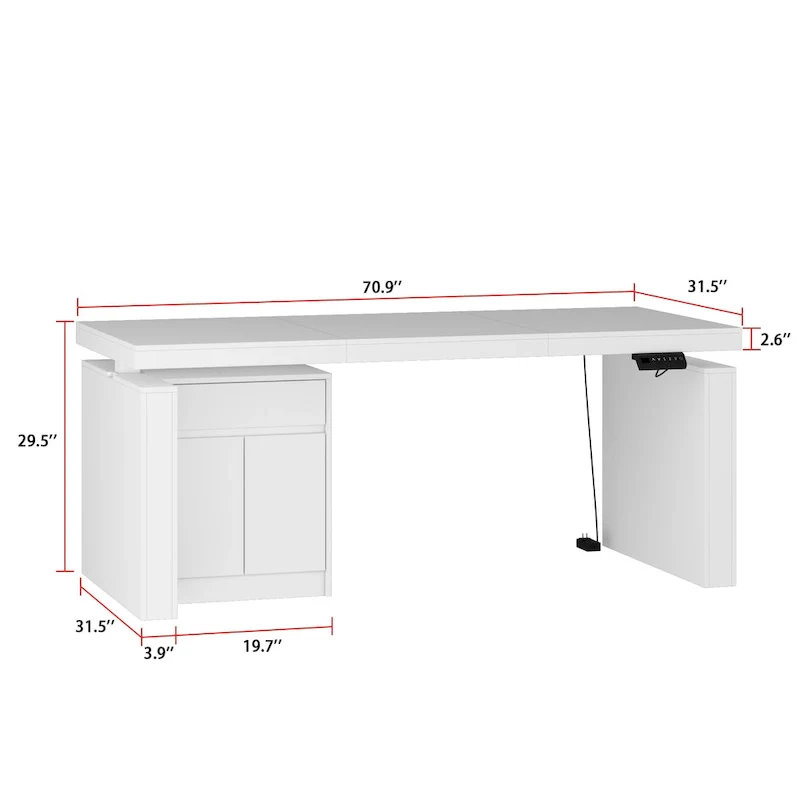 White Electric Height-Adjustable Desk with Side Storage Cabinet – Single User