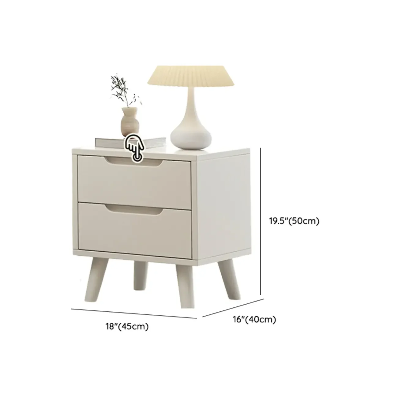 White Rubberwood 2 Drawers Narrow Nightstand with Legs