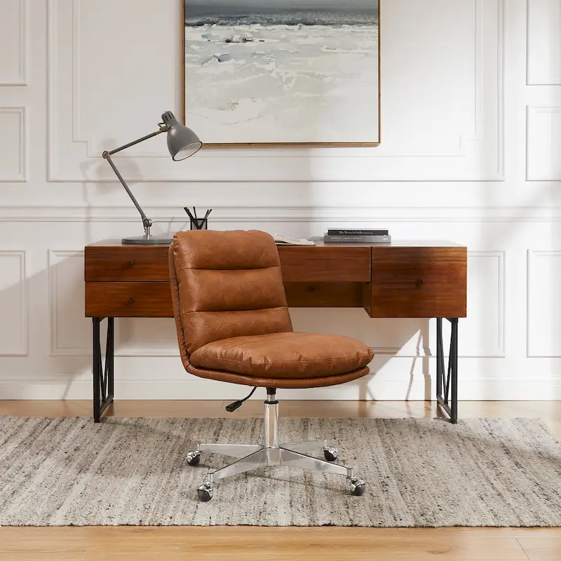 Mid-Century Modern Genuine Leather Home Office Desk Chair