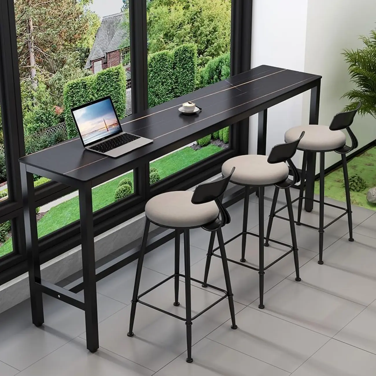 Modern Grey Stone Top Bar Height Table with Trestle Base