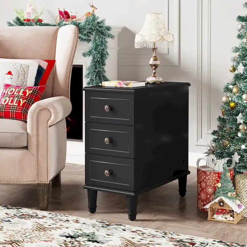 Wood End Table, Fully Assembled Narrow Side Table with 3 Drawers