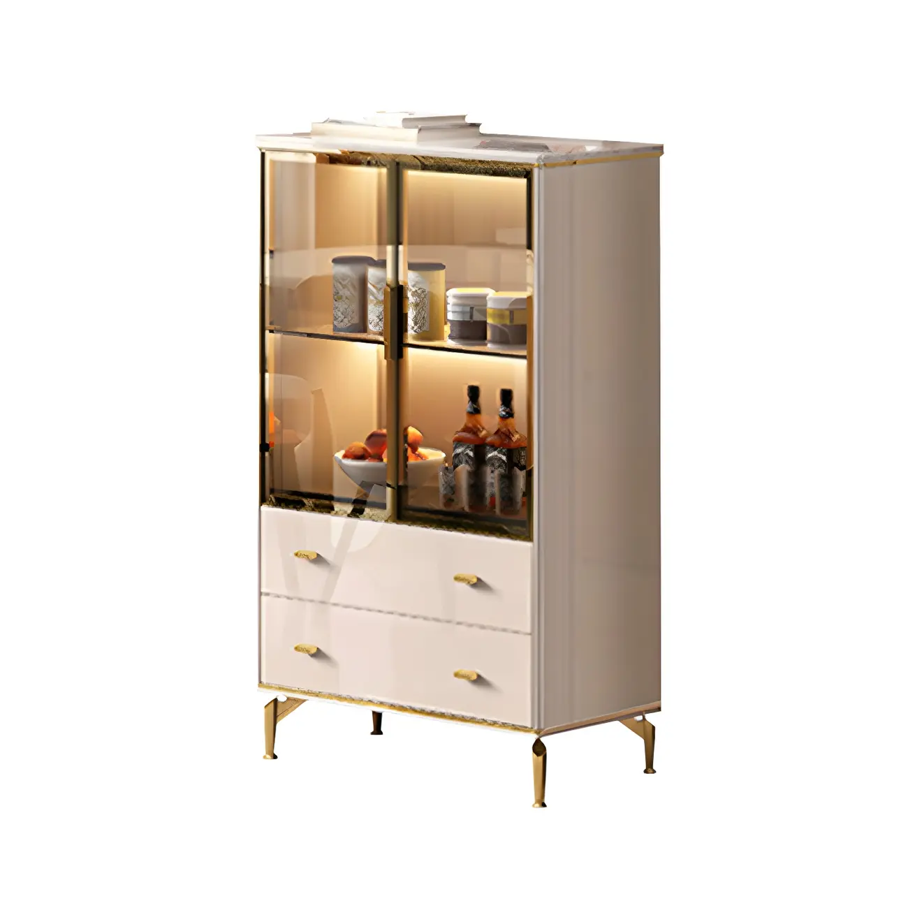White Wood Gold Legs Adjustable Shelves Display Cabinet