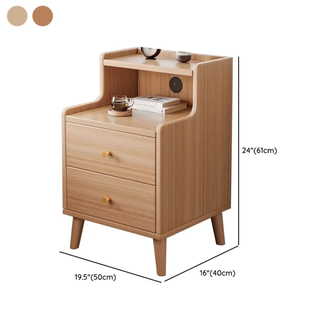Natural Wood Scandinavian 2-Drawers Narrow Nightstand