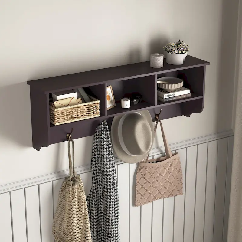 Wall Mounted Coat Rack with 4 Dual Hooks and Wooden Shelf