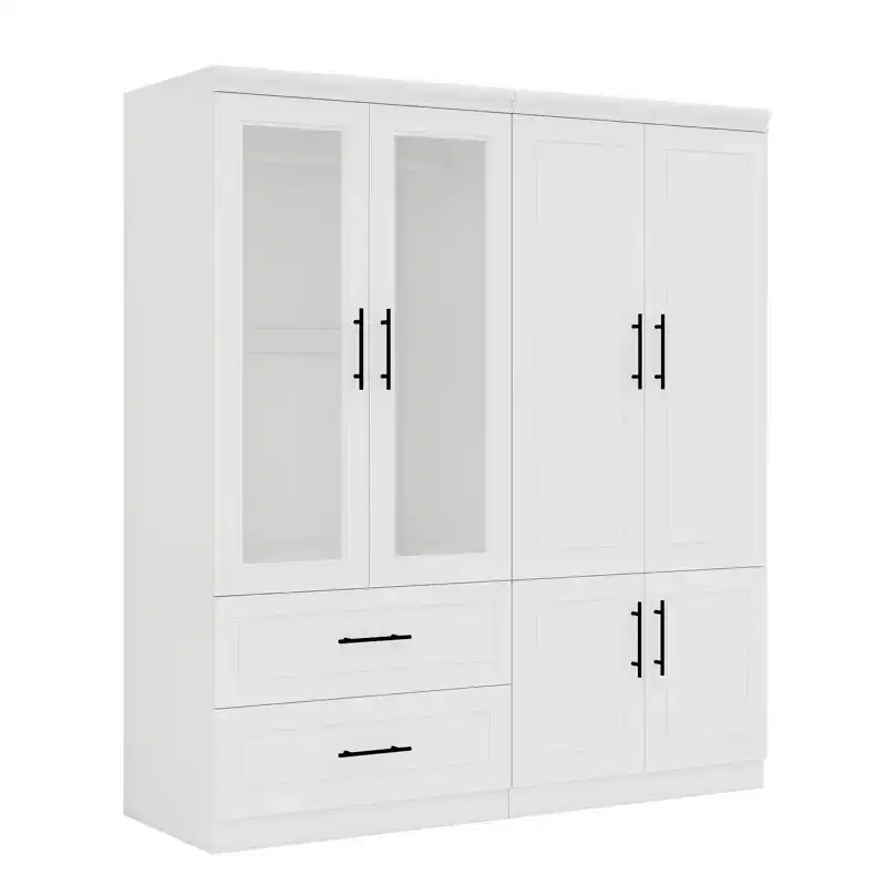 Keloyid White Wood 63 in. Armoire with 2 Drawers and 6 Doors