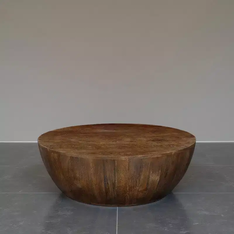 Royal Hampton Coffee Table | 35.5 Round Top | Drum Shaped Sandblasted Walnut Brown Mango Wood