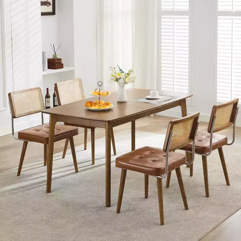 Modern Dining Chairs Set of 2, Upholstered Natural Rattan Kitchen Chairs Accent Chair, Armless Side Chairs with Upholstered Velvet Fabric