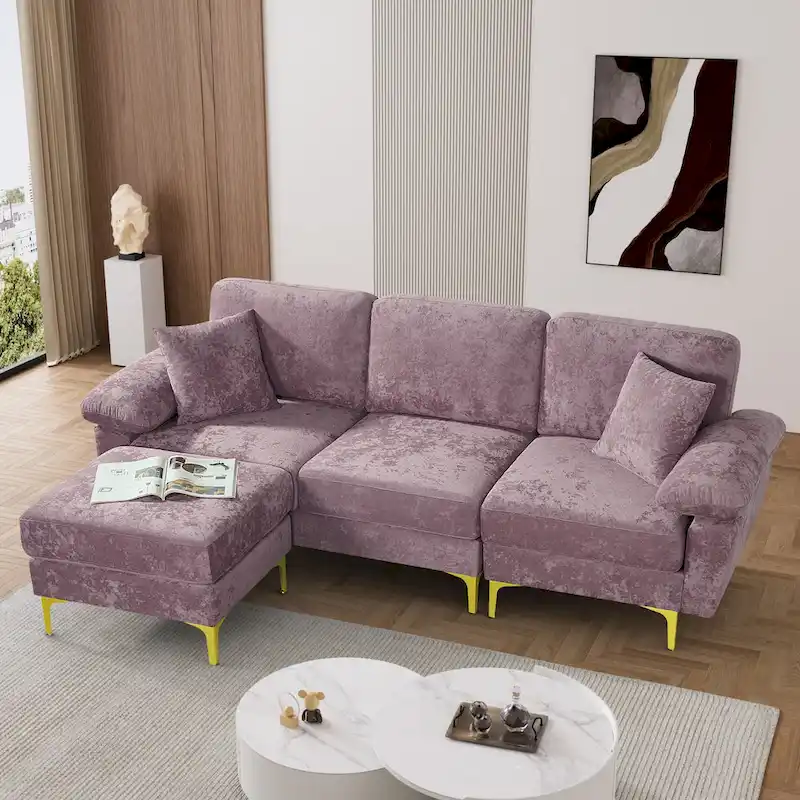 Ouyessir 2-Pieces Upholstered Velvet Sectional Sofa with 2 Pillows & Ottoman