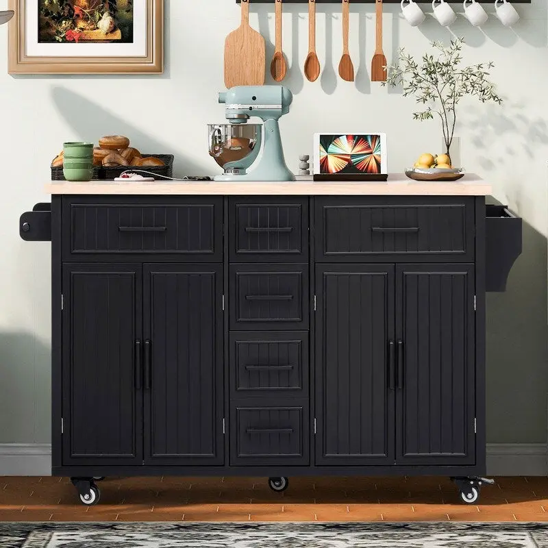 56.5 Kitchen Island with Drop Leaf and Charging Station, Rolling Kitchen Cart on Wheels with Drawers and Adjustable Shelves