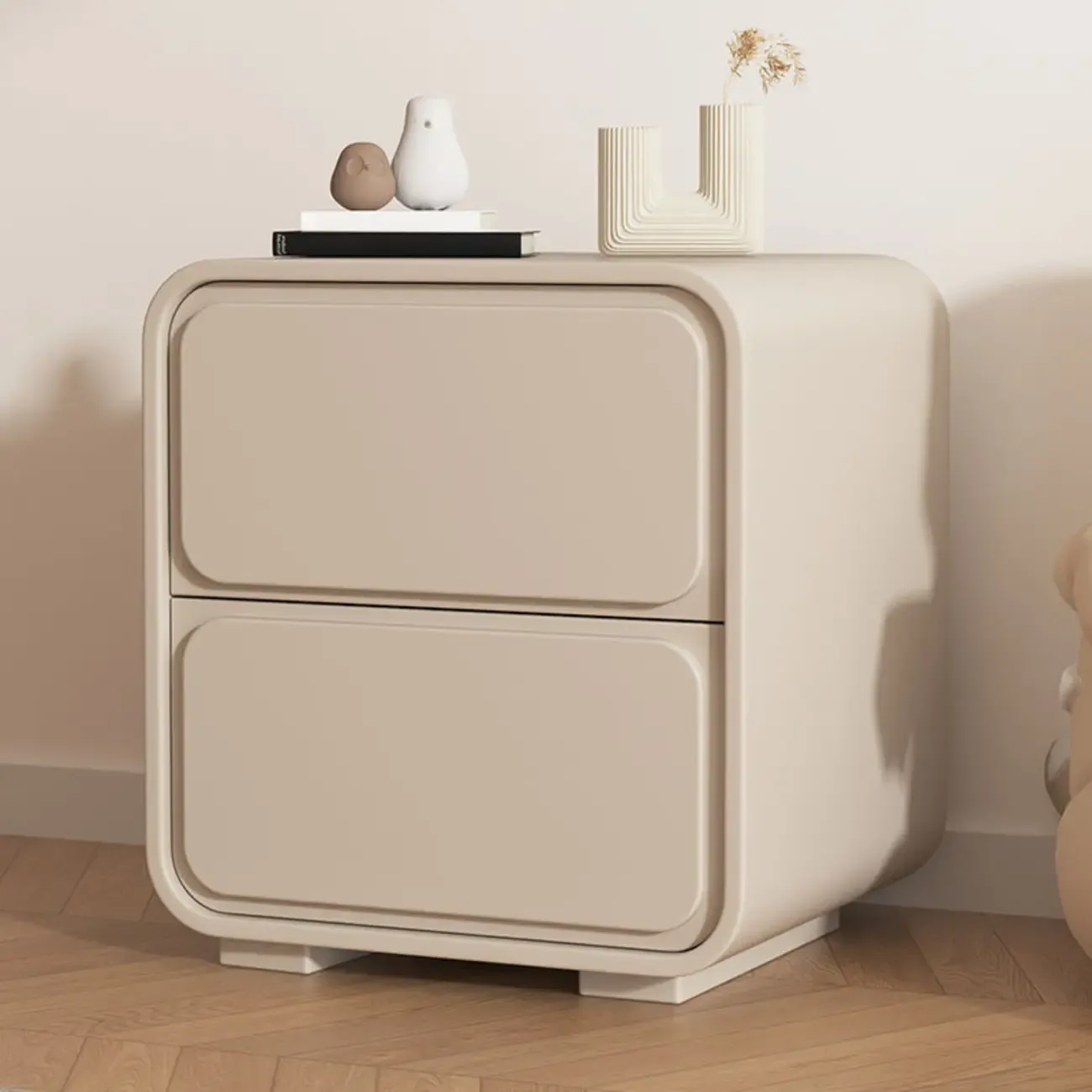 Modern Bedside Table with 2 Drawers - Beige Nightstand