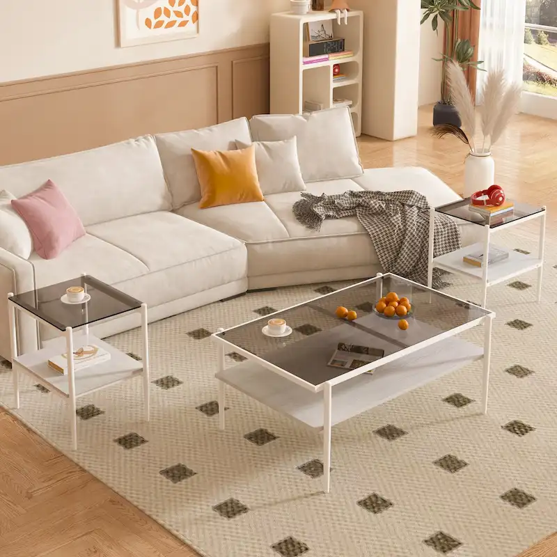 Coffee Table and End tables Set of 3, Tempered Glass Table with MDF layer, Modern Tables for Living Room , Gray Glass