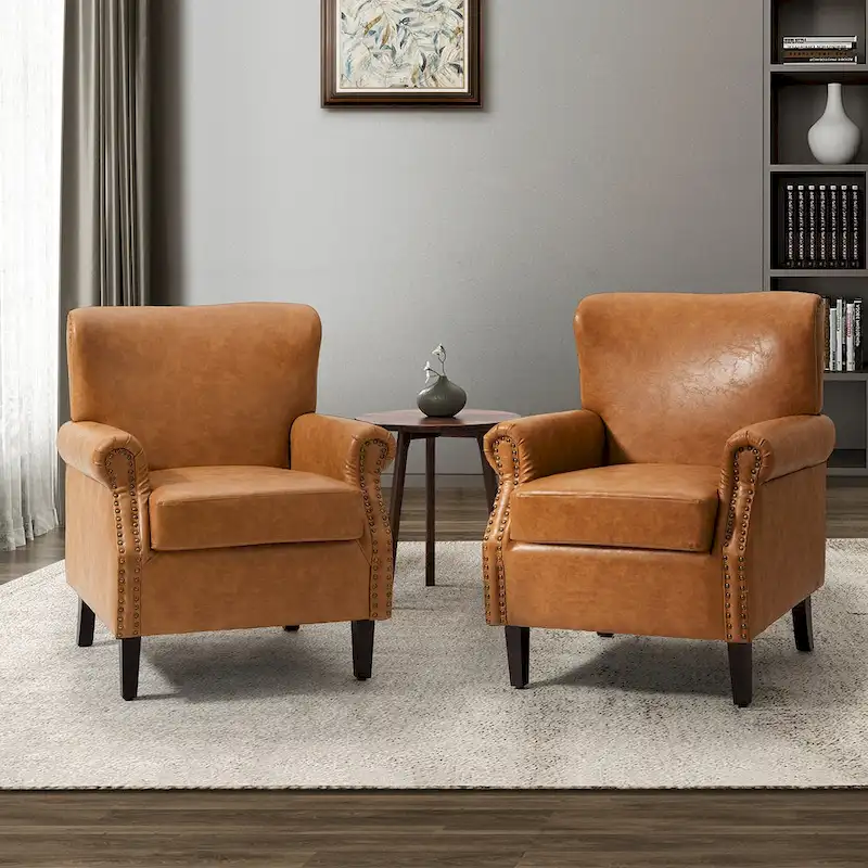 Vegan Transitional Armchair with Rolled Arms Set of 2