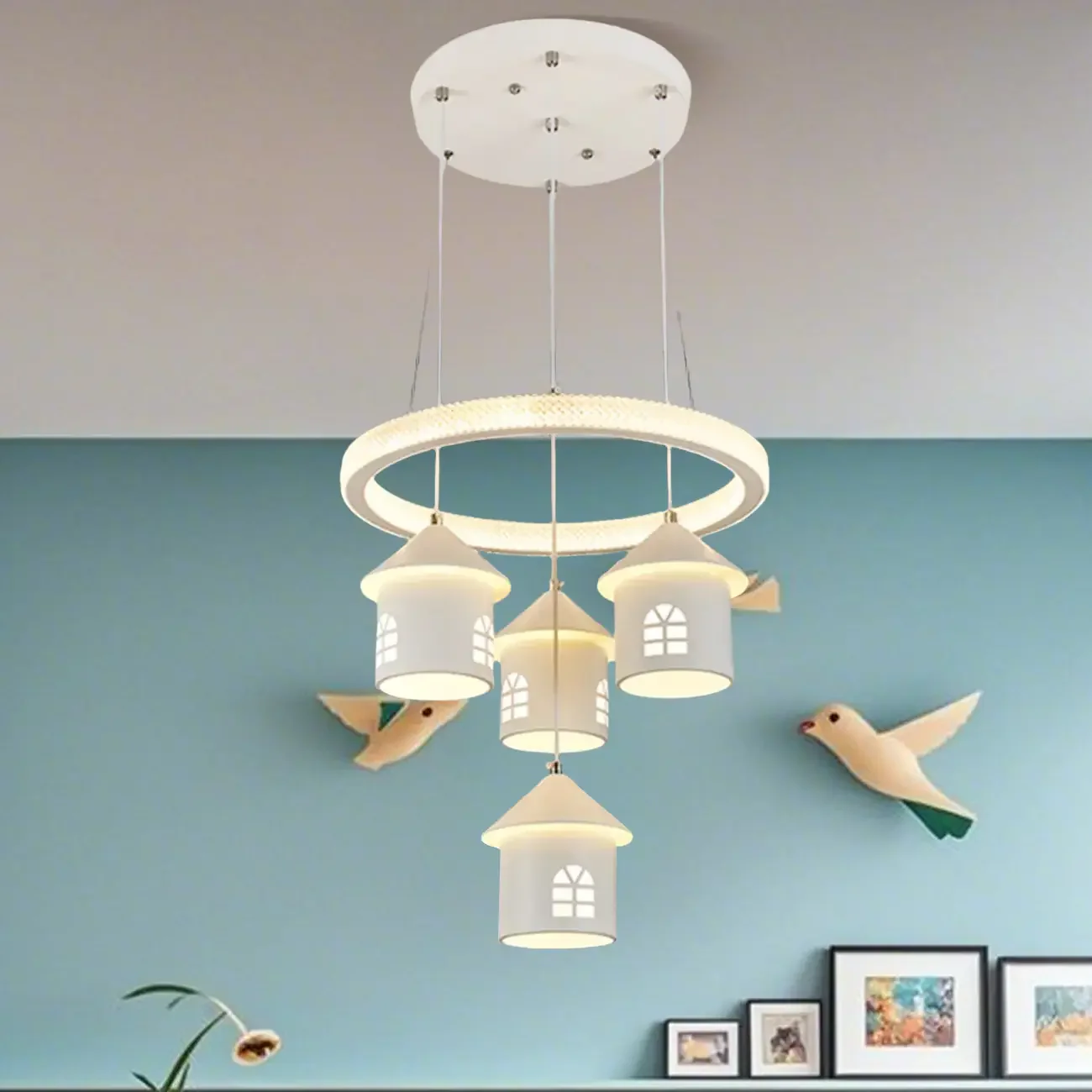 Modern 4-Light LED Chandelier with Unique House Design