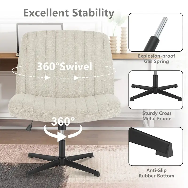 Criss Cross Legged Office, Wide Comfty Desk, Wheels Armless Computer Task, Swivel Vanity Home Chair, Height Adjustable