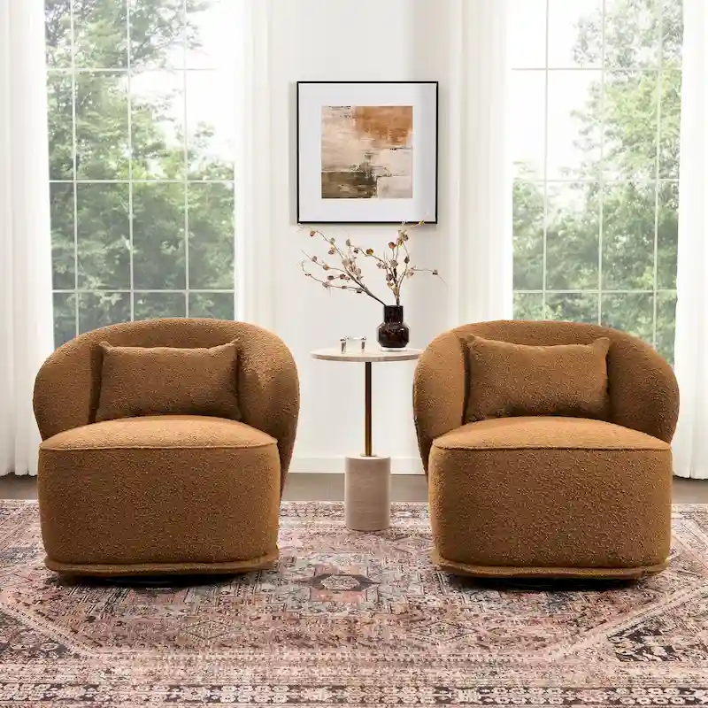 KINWELL 33 W Sherpa Boucle Upholstered Accent Swivel Chair (Set of 2)