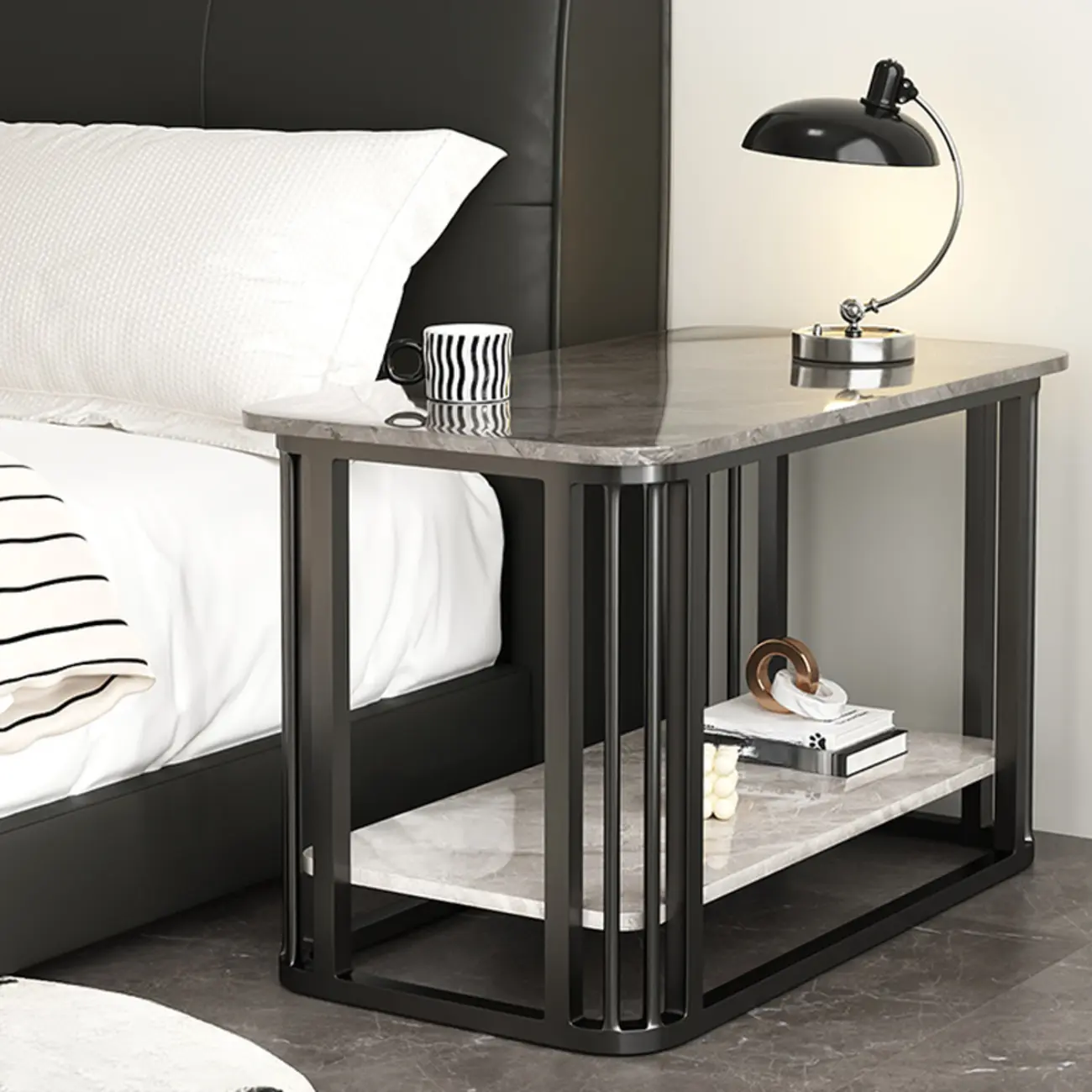 Luxury Rectangular Gold 2-Tier Coffee Table with Stone Top