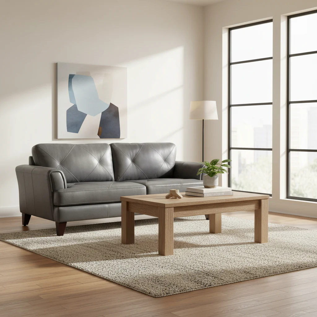 88 Inch Sofa, Gray Top Grain and Split Leather, Brown Solid Wood