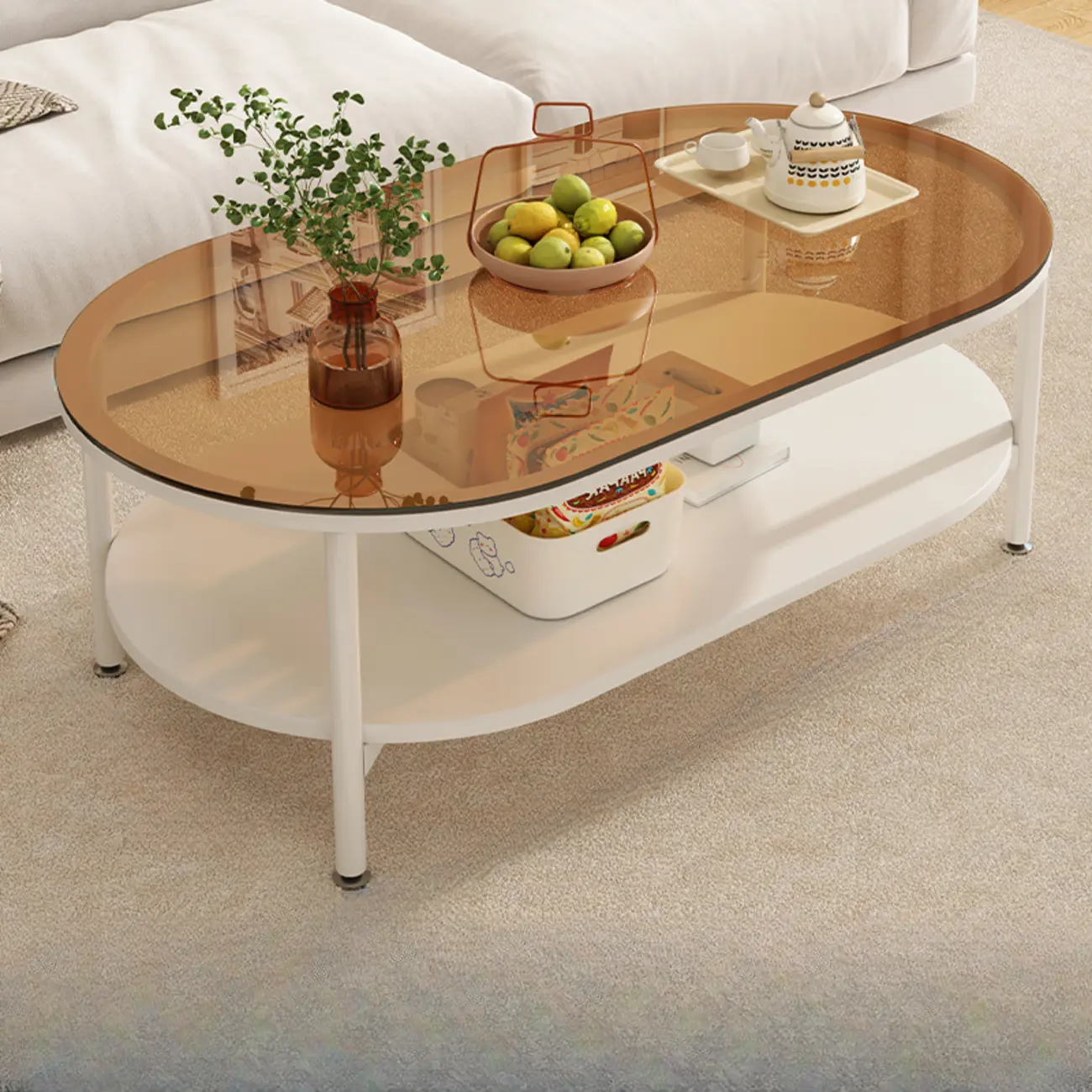 Modern White Rectangle Glass Coffee Table with Shelf