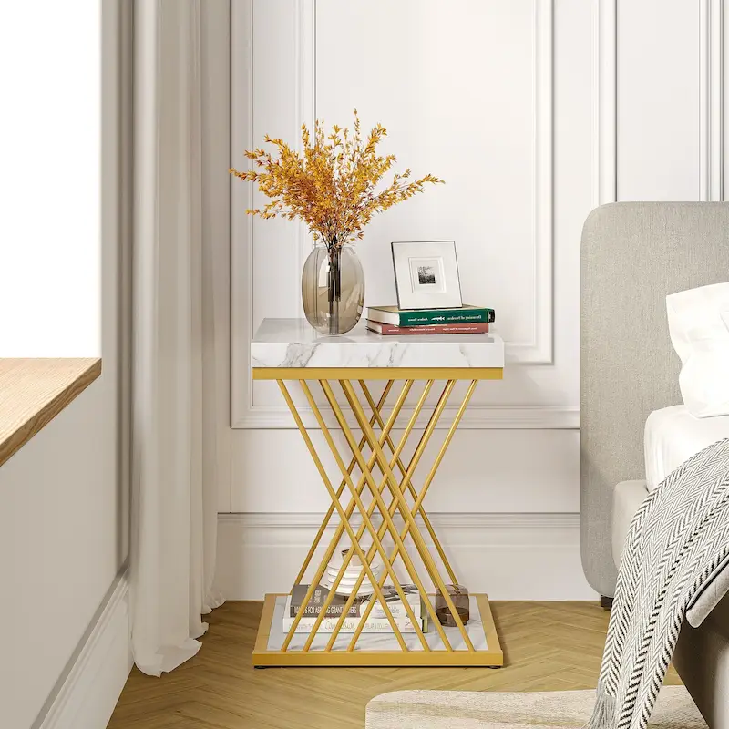 Square Side Table White Gold End Table Set of 2