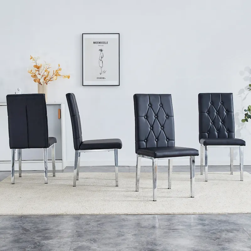 High Back Dining Chair Set of 4 Button Plaid Tufted Soft Cushion Side Chair Living Room Accent Chair Armless Chair