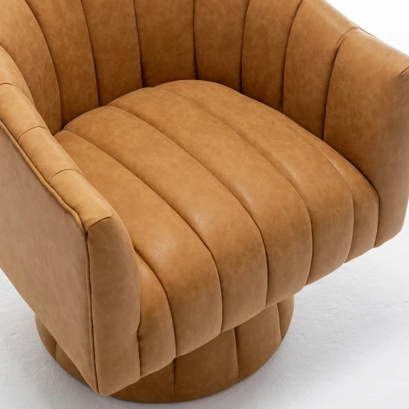 SEYNAR Mid-Century Swivel PU Leather Tufted Round Accent Barrel Chair