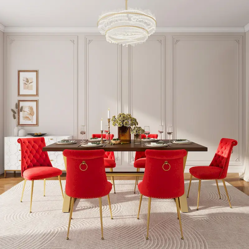 7-Piece Clihome Walut Wood Dining Table with Velvet Chair Dining Chair