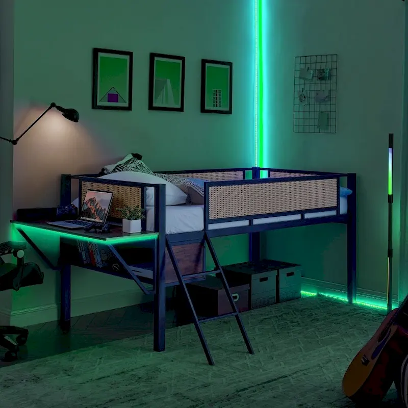 Metal Double Bed Loft Bed with Rectangular Desk, LED Lights