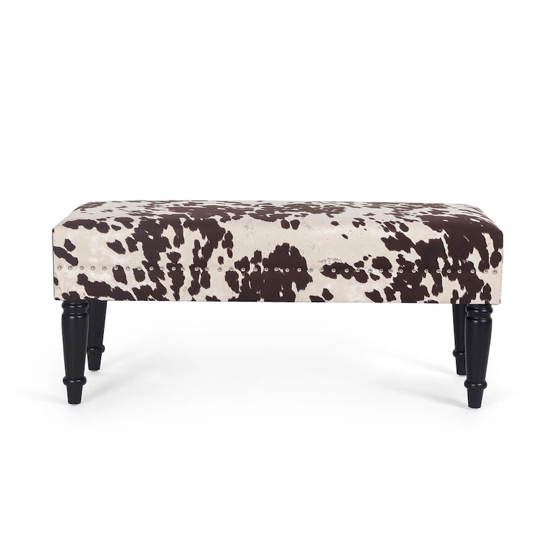 Adeco Cow Print Fabric Rectangular Bench Ottoman