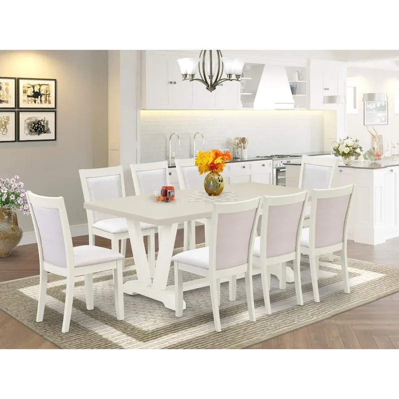 East West Furniture Dining Table Set- a Wooden Table and Cream Linen Fabric Parsons Chairs, Linen White(Pieces Options)