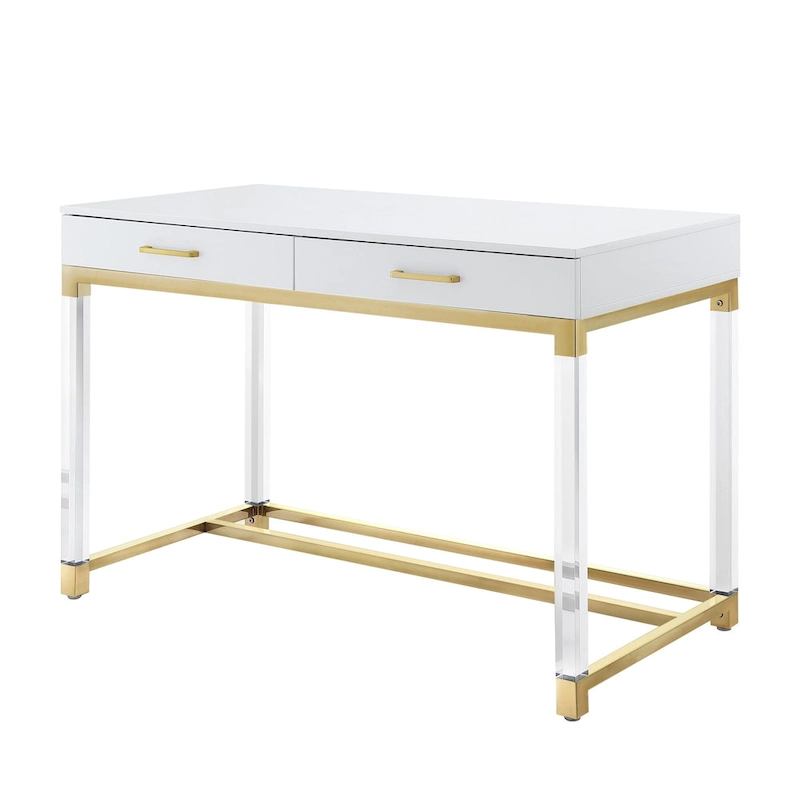 HomeRoots 48 White Clear and Gold Wood Acrylic and Stainless Steel Writing Desk With Two Drawers