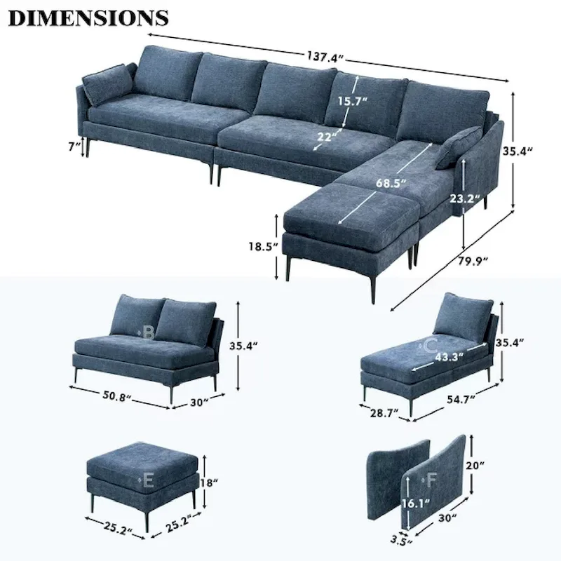 EROMMY U Shaped 6-seat Sectional Sofa Couch, Reversible Sleeper in Modern Chenille Design, with Chaise Lounge and Ottoman