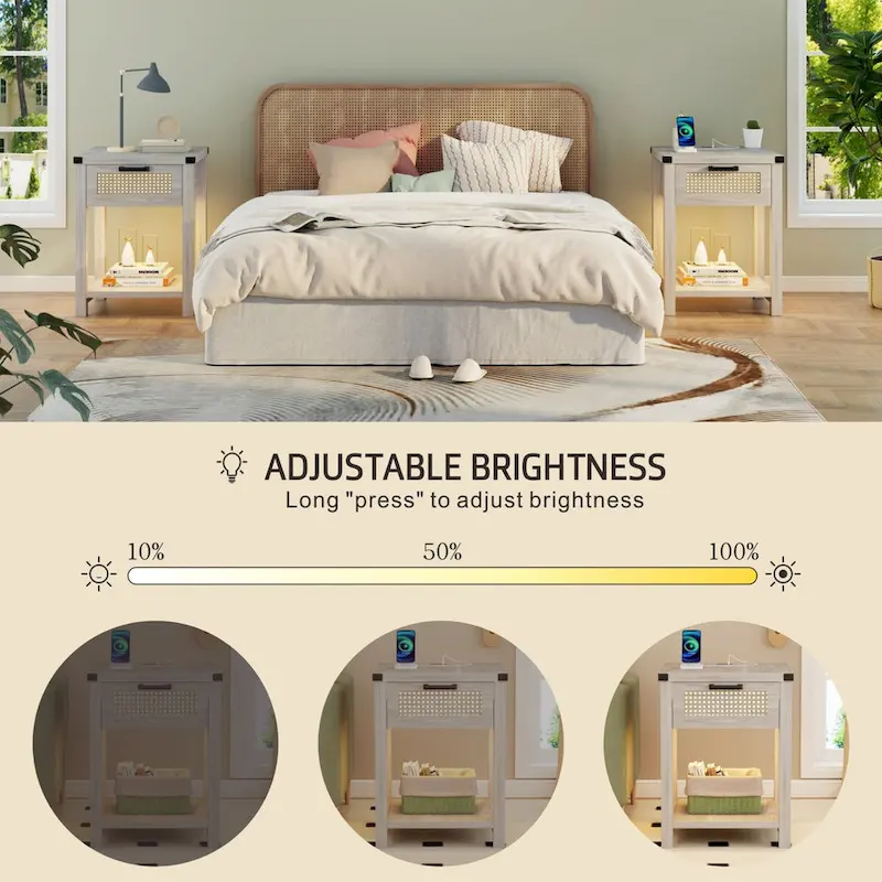 End Table - LED Light, USB & Type-C Charging, Motion Sensor, Rattan Drawer, Farmhouse, 150 lbs
