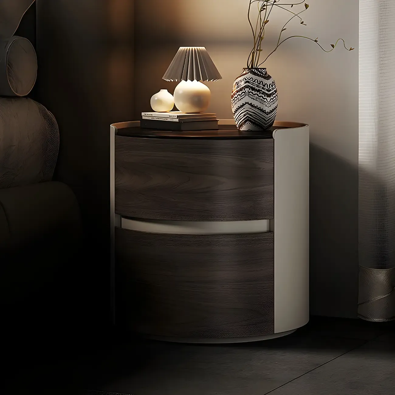 Modern Slate Countertop Round 2-Drawer Nightstand