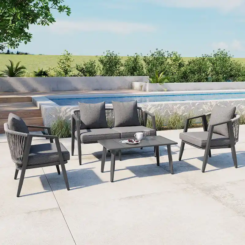 4-Piece Outdoor Iron Sofa Set with Coffee Table & Cushions
