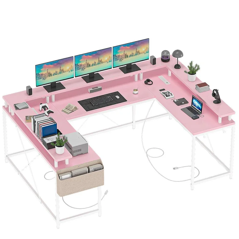 Reversible Shaped Large Computer Desk with Power Outlets