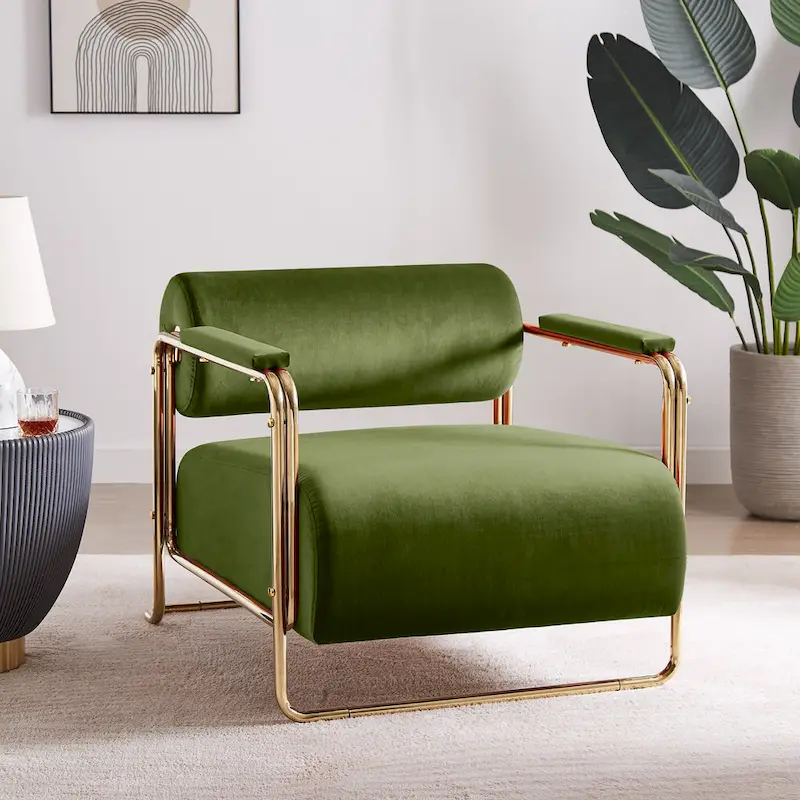 31 Wide Velvet Armchair with Cylindrical Backrest and Metal Frame