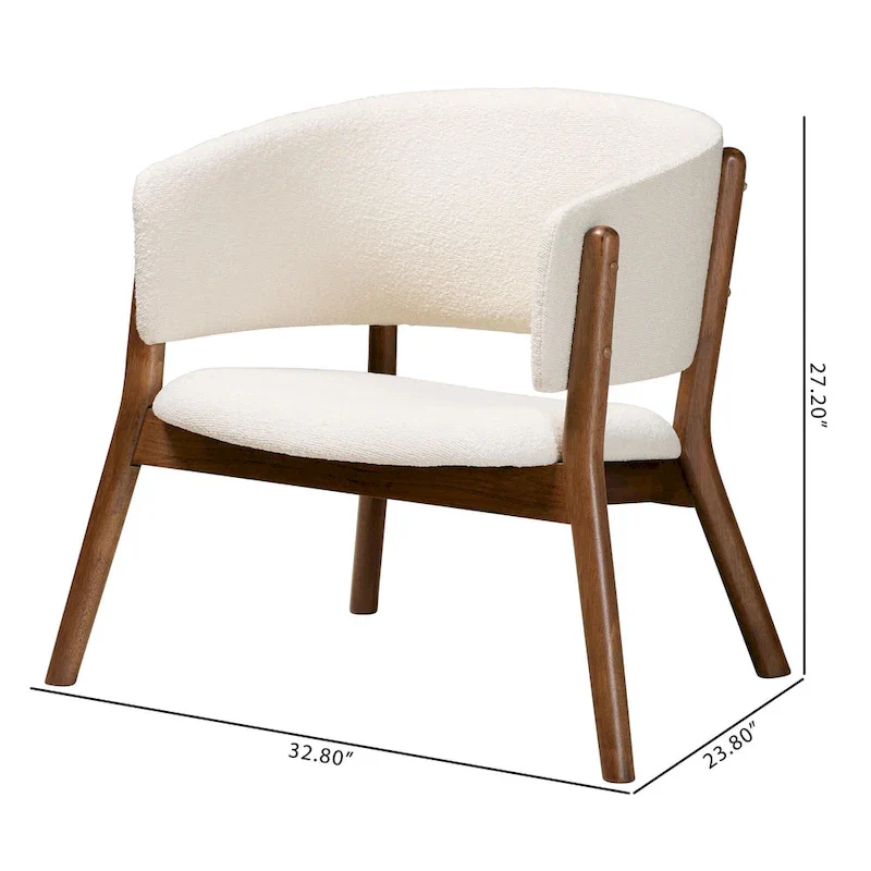 Baron Mid-Century Modern Cream Boucle Fabric Upholstered and Walnut Brown Finished Wood 2-Piece Living Room Accent Chair Set