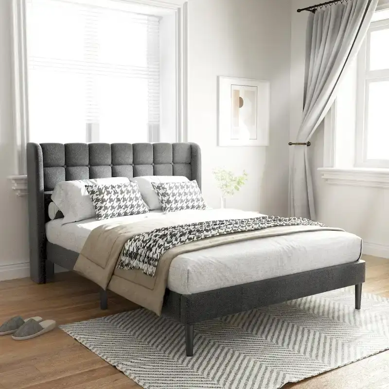 Upholstered Wingback Bed Frame with Wooden Slats