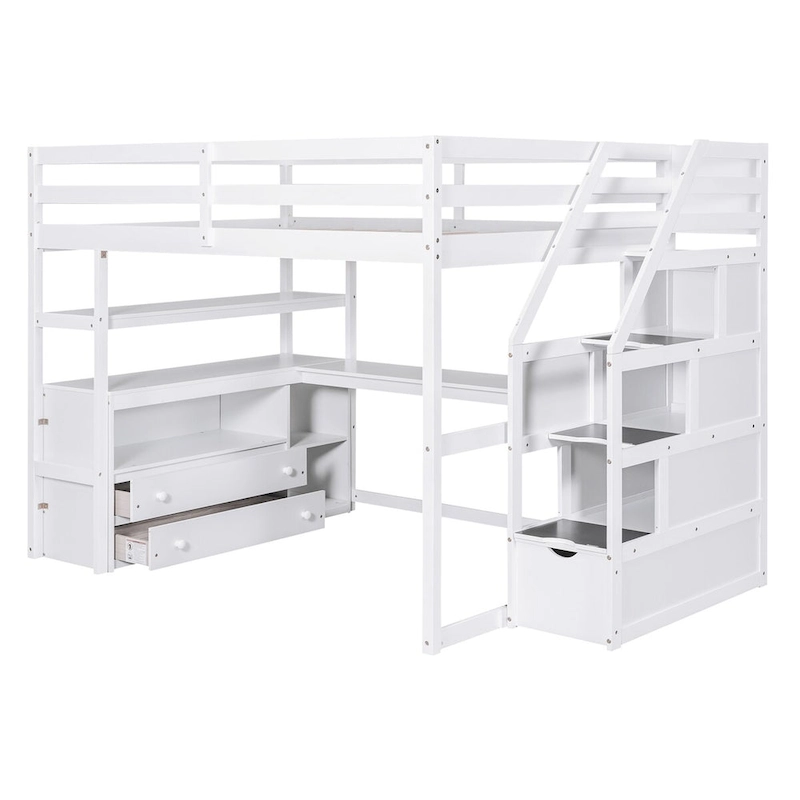 White Loft Bed with Desk and Shelves, Two Built-in Drawers, Storage Staircase