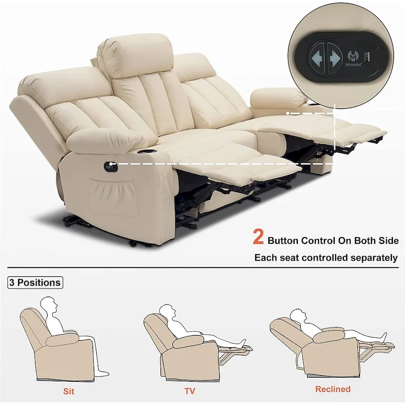 MCombo Electric Power Reclining Sofa with Heat & Massage, Faux Leather 6095/6075/6077