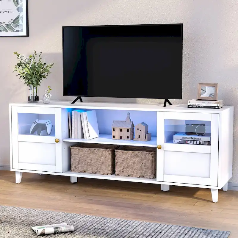 TV Stand Console Living Room Storage Shelves Entertainment Center with LED Lights - 59.7 in W * 22.6 in H * 16.1 in D