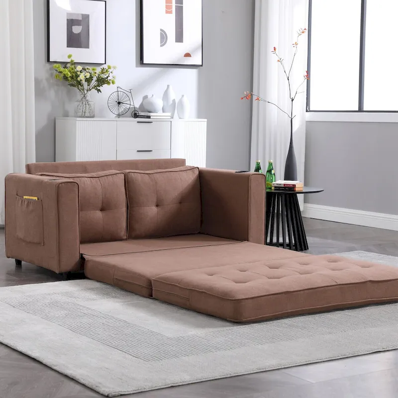 Oaks Aura Upholstered Futon Sofa with Pull-Out Sleeper Couch, Muticolour Choice Foldable Tufted Loveseat With Cup Holder