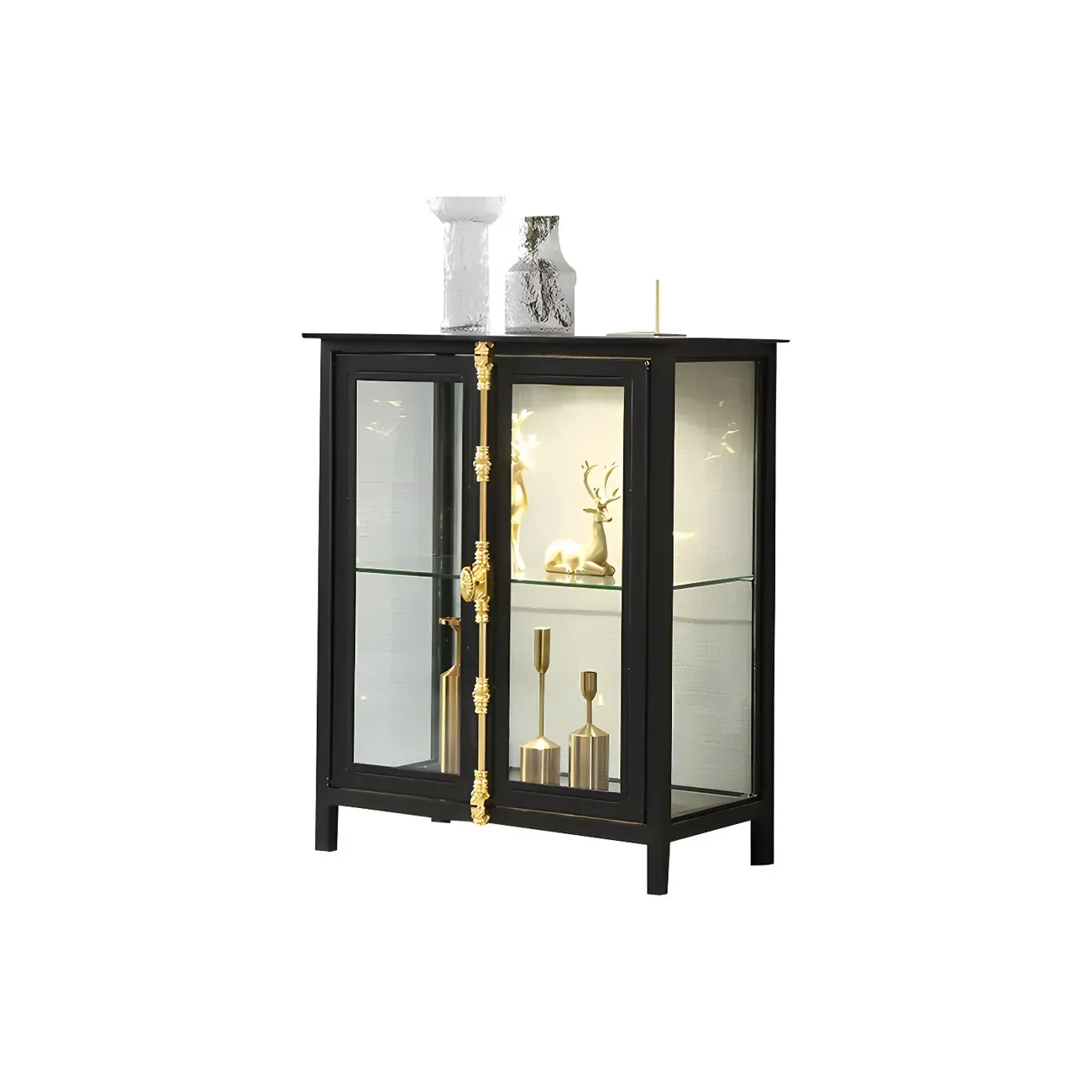 Black Metal Glass Shelves Display Cabinet with Lights