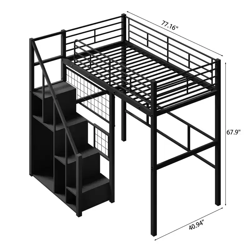 Twin Size Loft Bed with Stairs for Kids, Metal Loft Beds with Small Wardrobe, High Lofted Bed Frame with Decorative Mesh