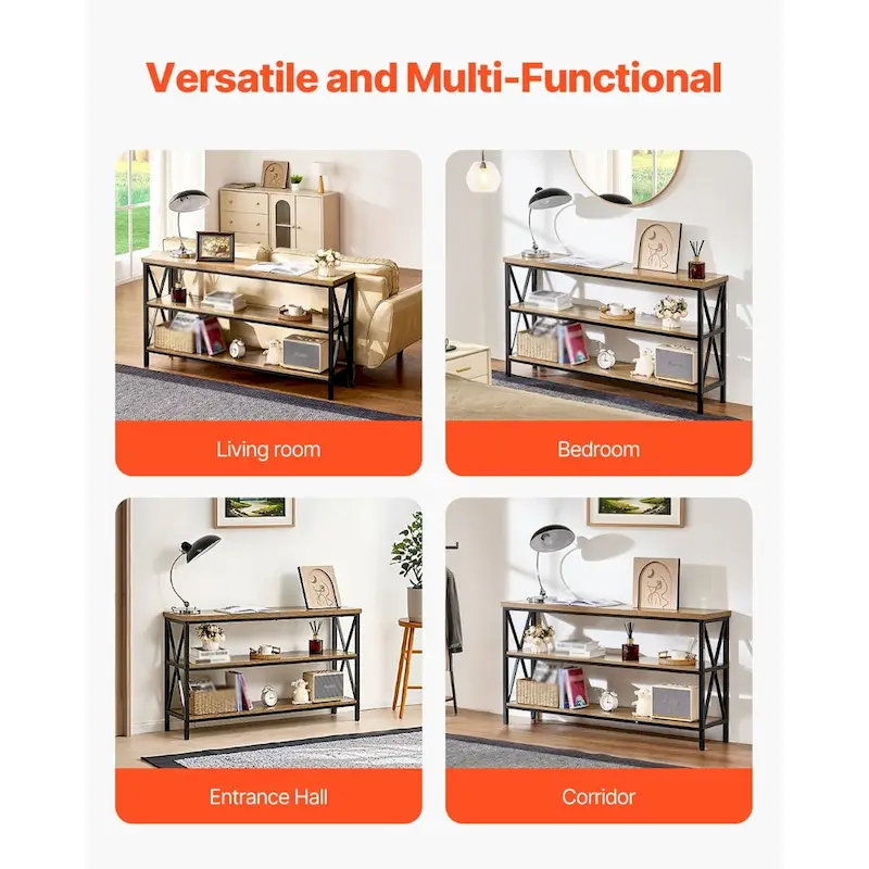Brown Black MDF Metal Console Table, 3-Tier Long Hallway Table 240 lbs Top Load Capacity - 55.1 L x 13.4 W x 30.0 H