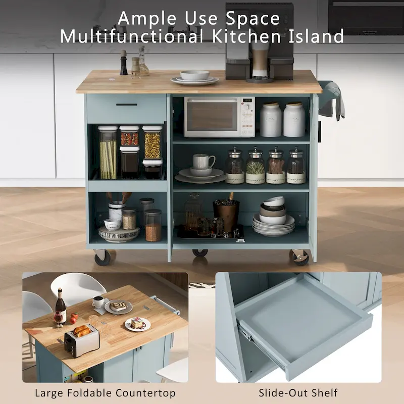 Rolling Kitchen Island w/ Foldable Counter Top,Towel Rack and Drawer